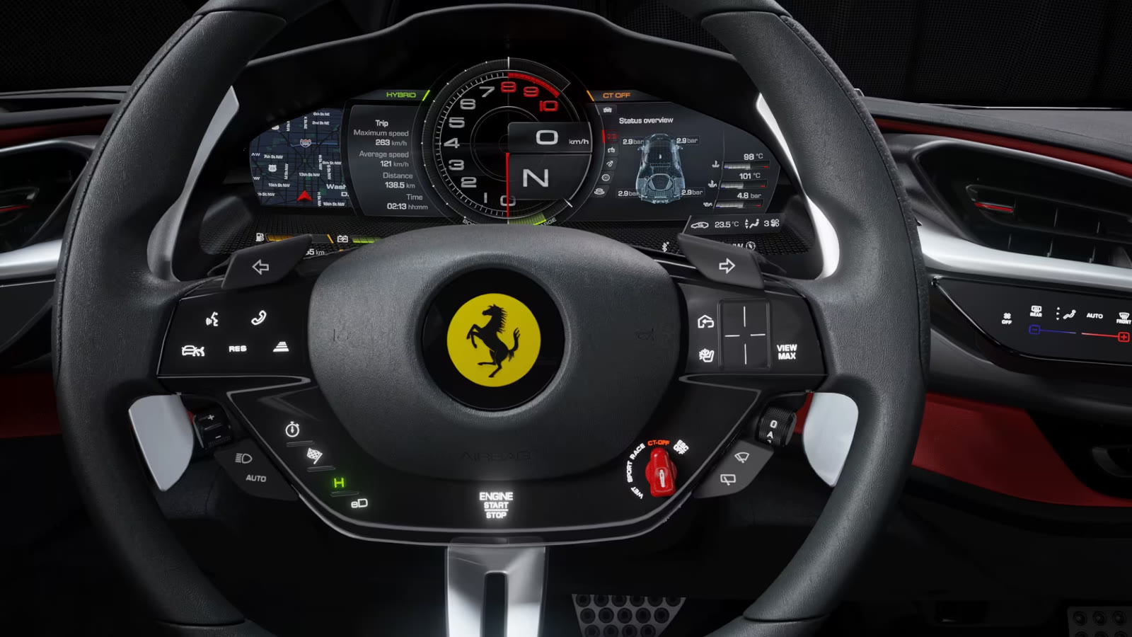 The Ferrari SF90 steering wheel, with haptic touch controls on its spokes, in front of the digital instrument cluster.