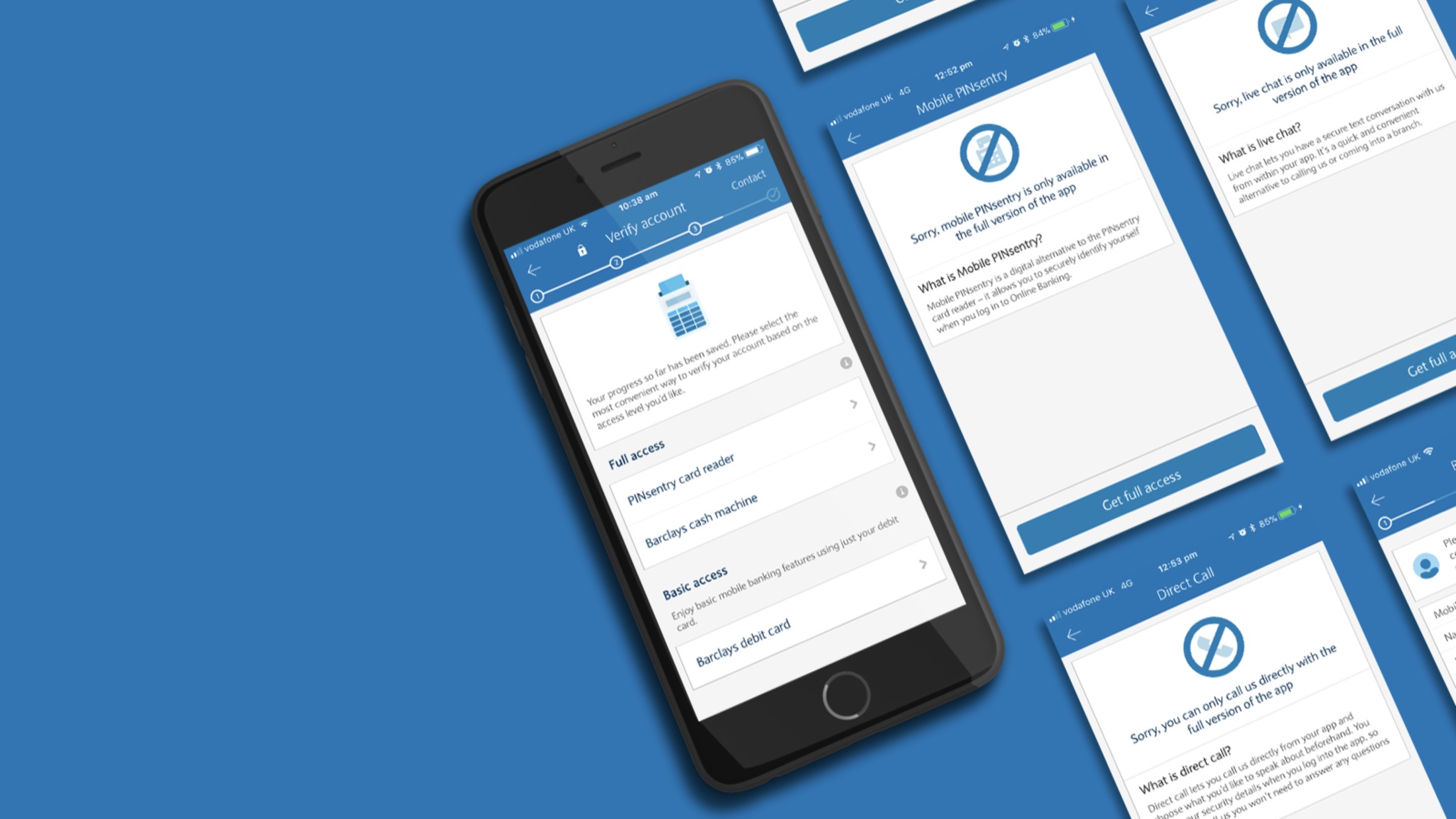 BMB Lite screens: verify your account with full or basic access, and prompts explaining that PINsentry, live chat and direct call are only in the full app