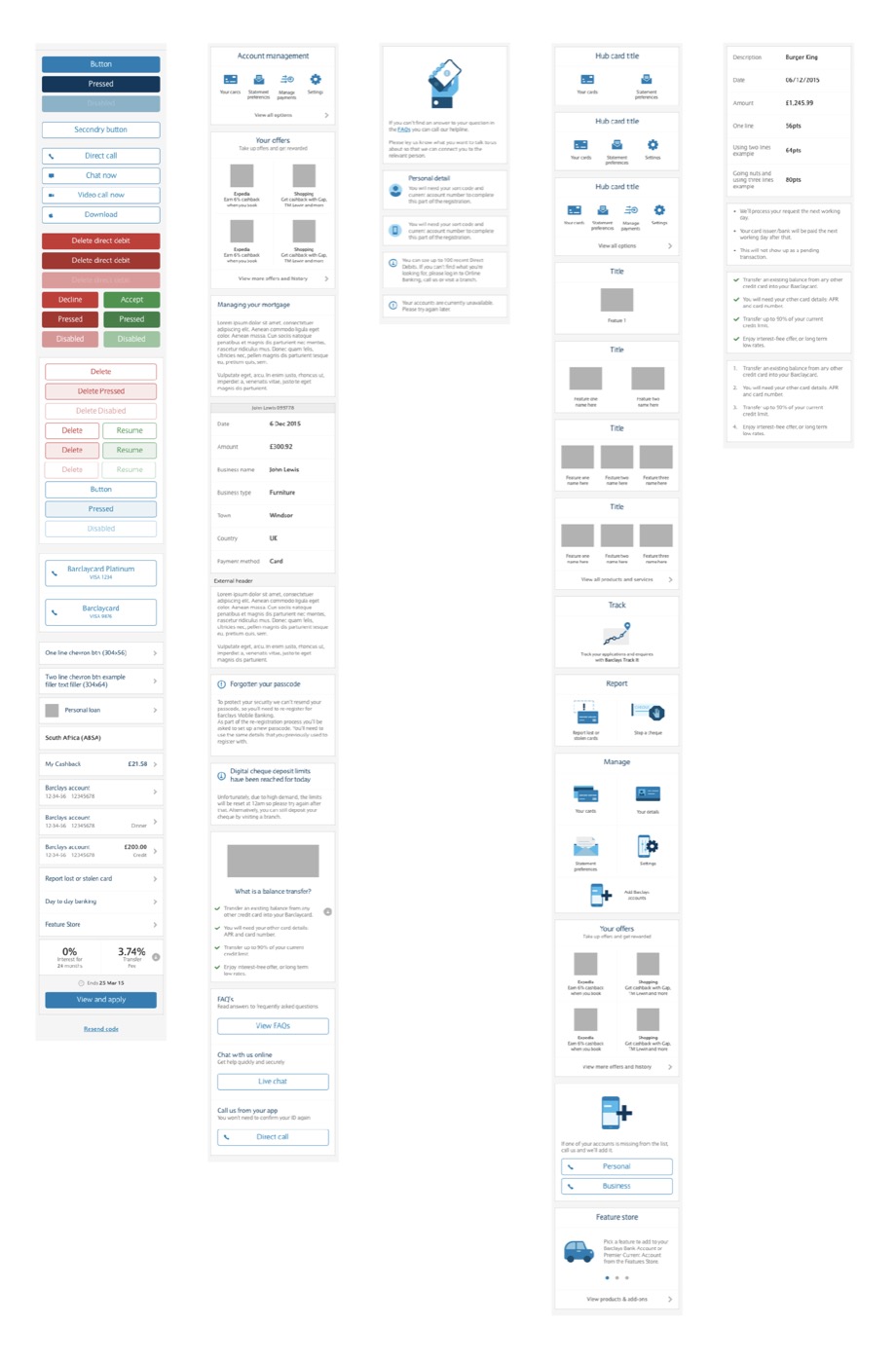 Component library sheet: lists, cards and layouts
