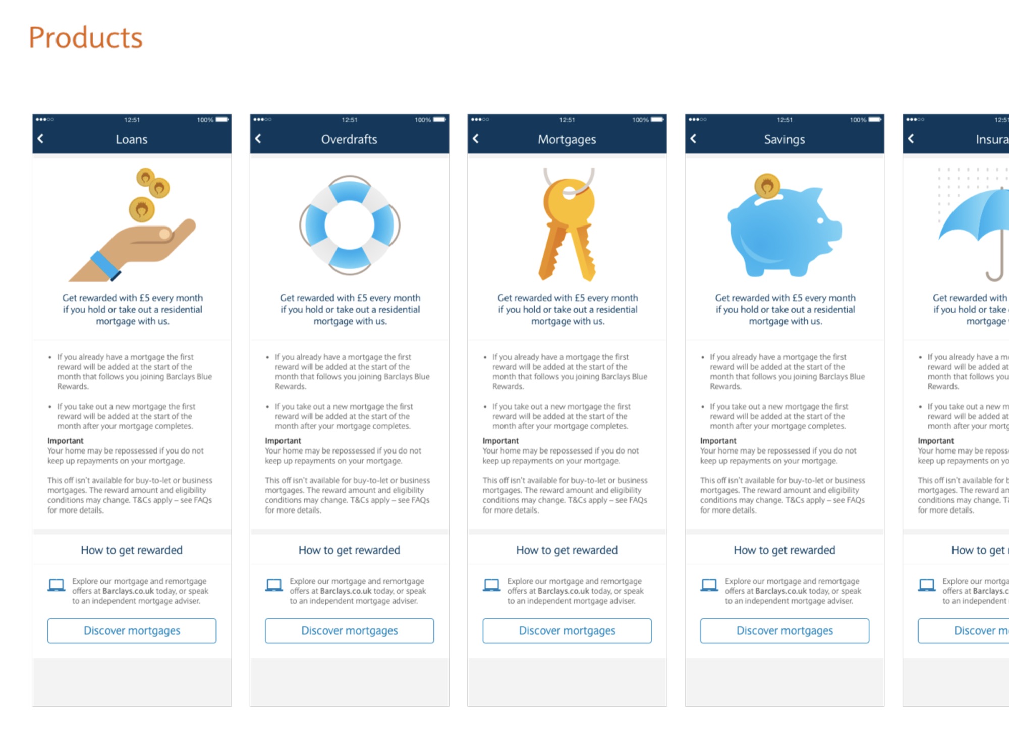 Loans, overdrafts, mortgages and savings reward screens with new illustrations