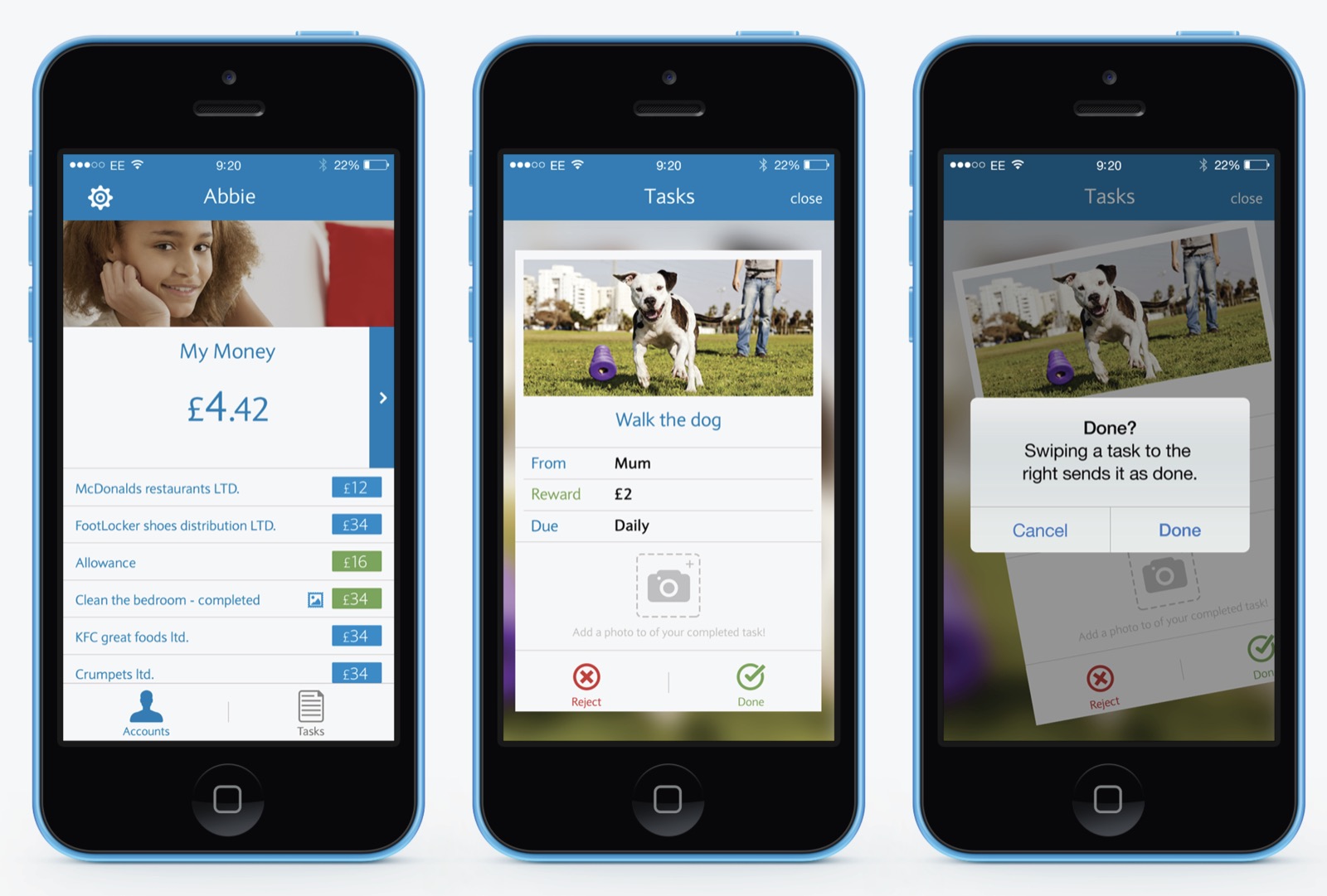 Three Pingit Junior screens: My Money, a task, and marking a task done