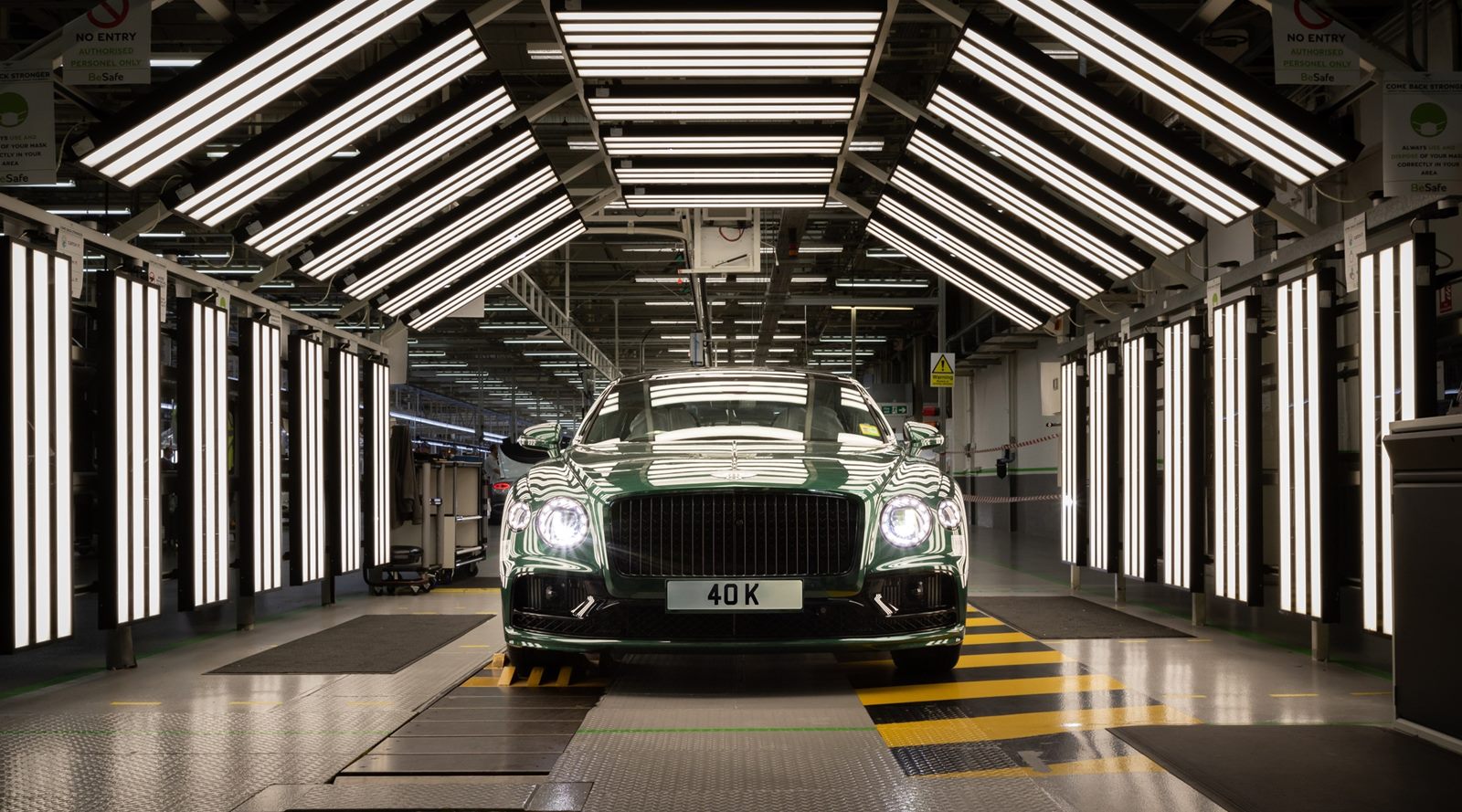 The 40,000th Bentley Flying Spur under the light tunnel at the end of the Crewe production line.