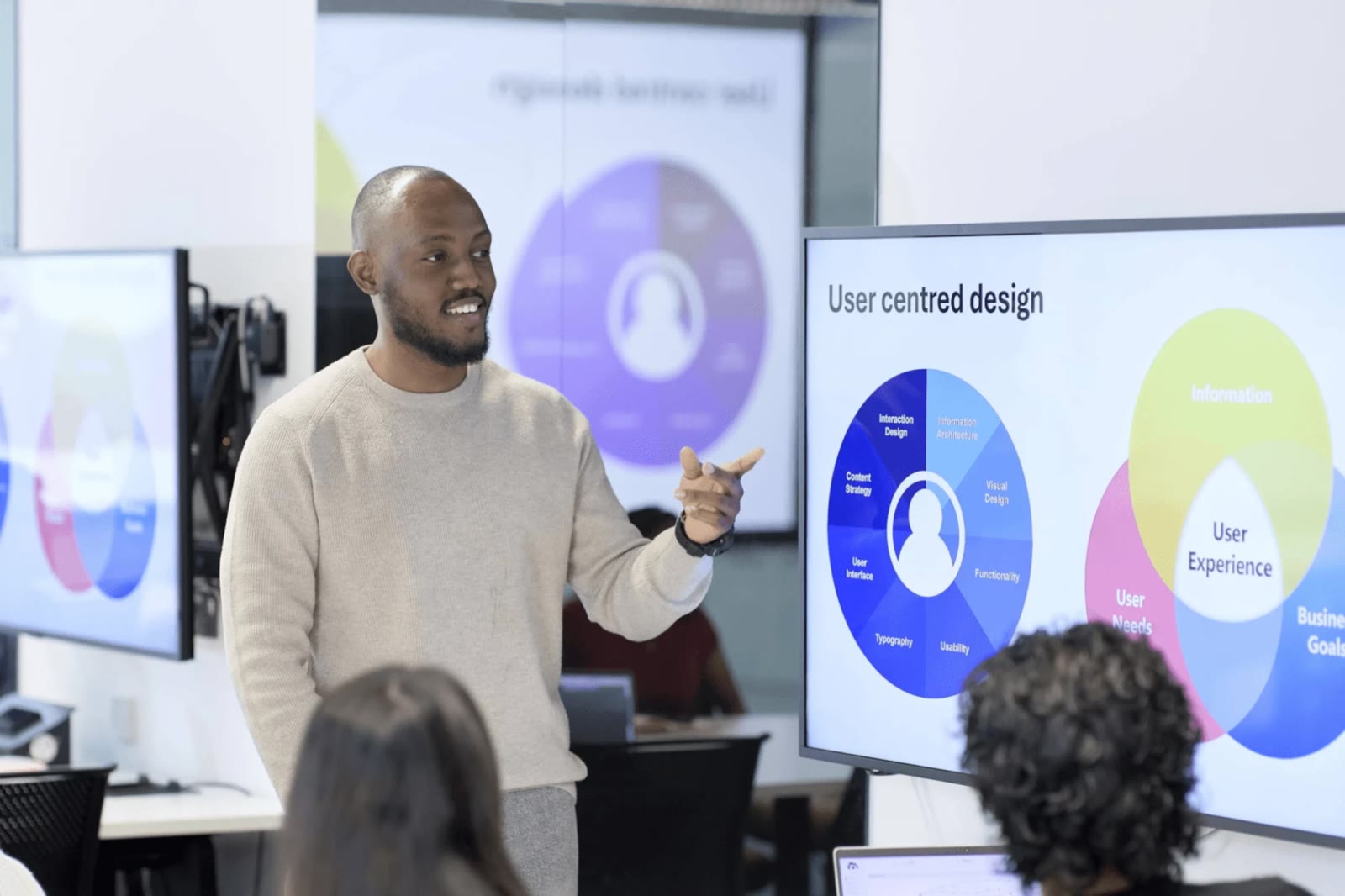 A tutor presenting a user-centred design session to a small group, with a diagram of UX disciplines on the screen beside him.