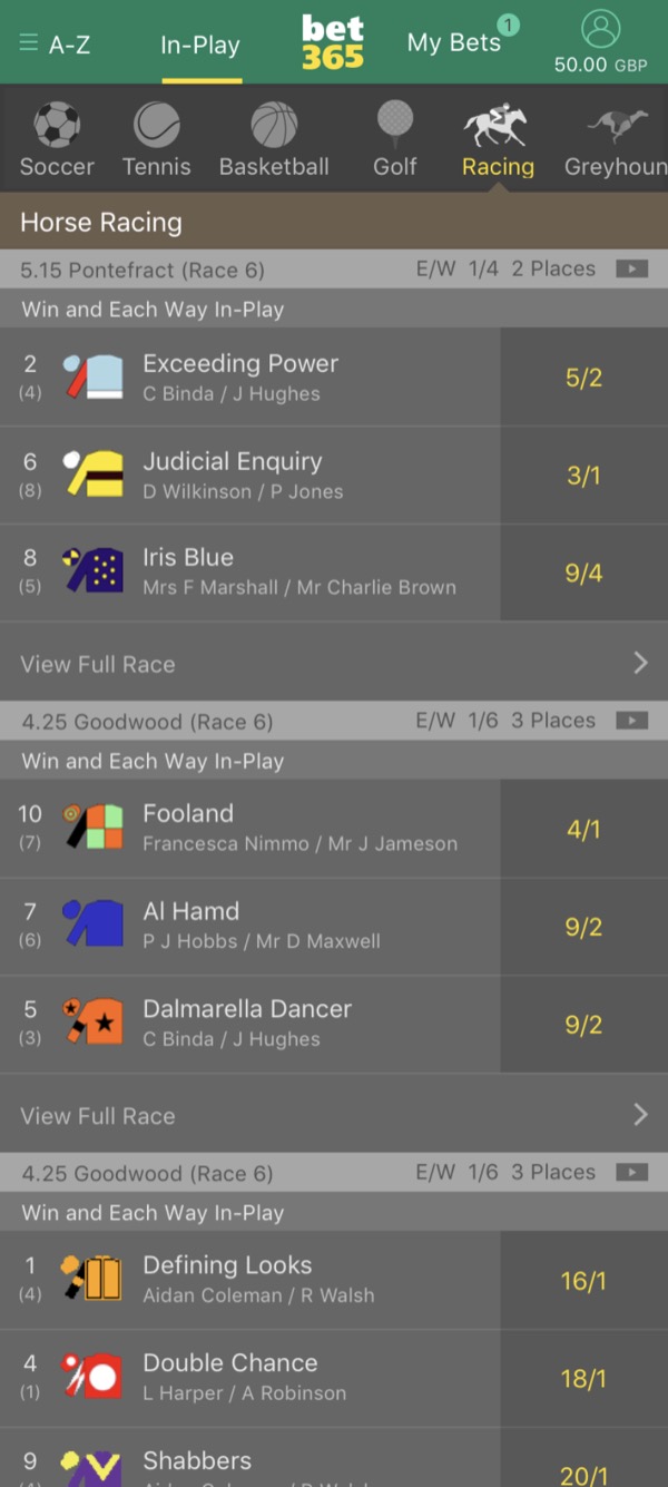 In-Play horse racing on mobile