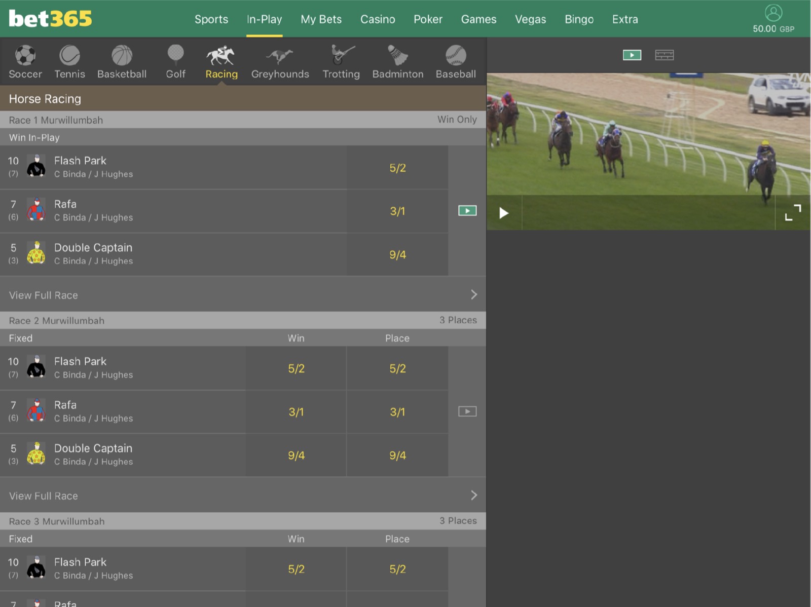 In-Play horse racing with the live stream alongside the markets