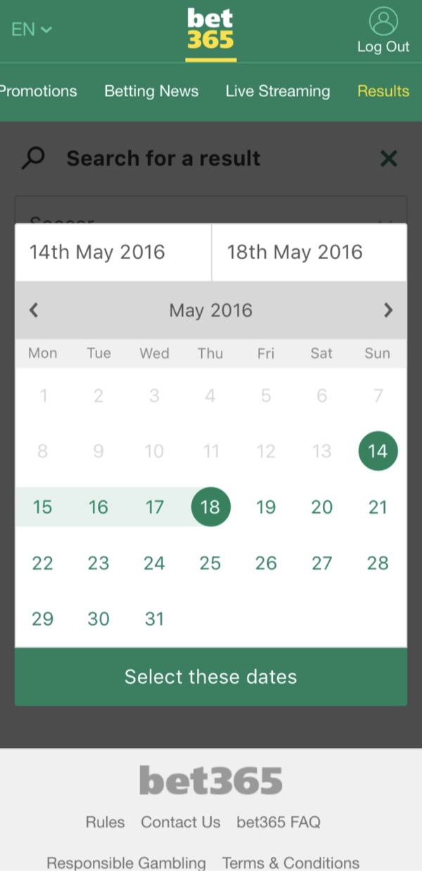 Search filters: sport, date range, country and competition