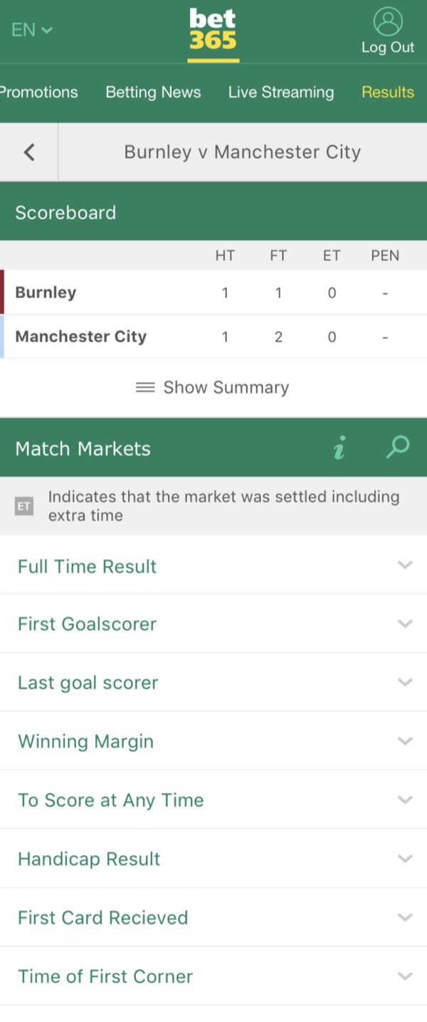 Match scoreboard and match markets