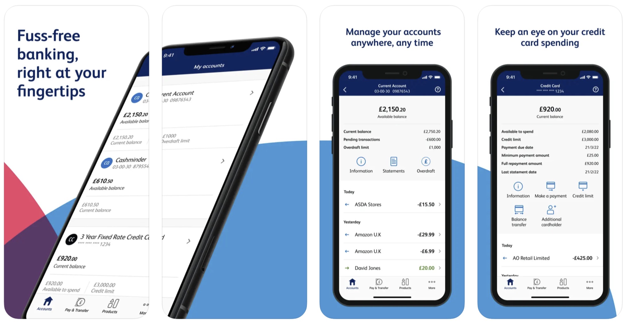 App Store screens: fuss-free banking, manage your accounts anywhere, and keep an eye on your credit card spending