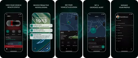 Five Aston Martin app screens: view your vehicle health status, receive proactive notifications, see your vehicle's location, set a geofence alert, and manage your profile.