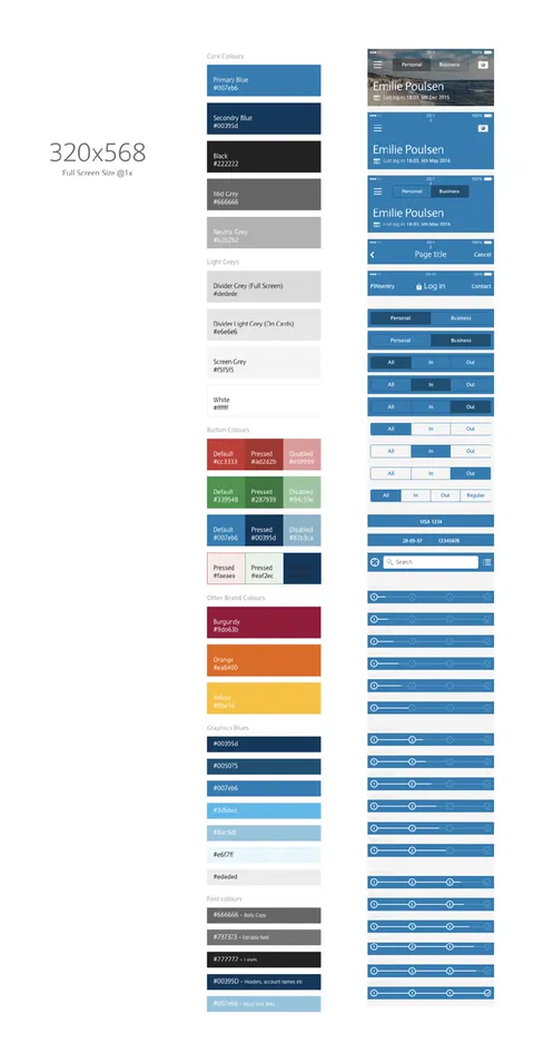 Component library sheet: colours and buttons