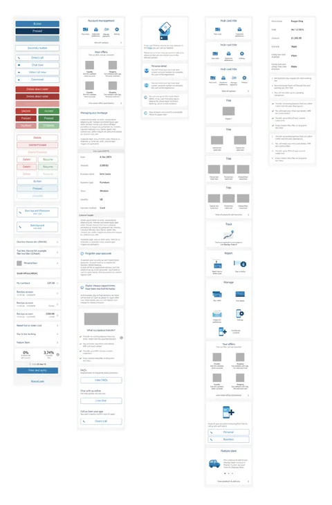 Component library sheet: lists, cards and layouts