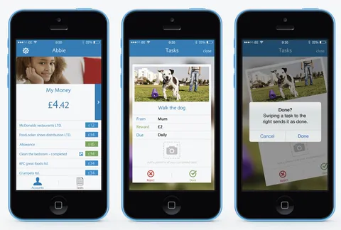 Three Pingit Junior screens: My Money, a task, and marking a task done