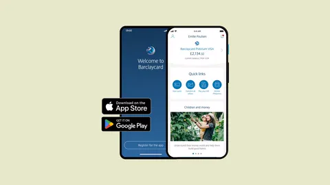 Two phones showing the Barclaycard app welcome screen and home screen, with App Store and Google Play badges.