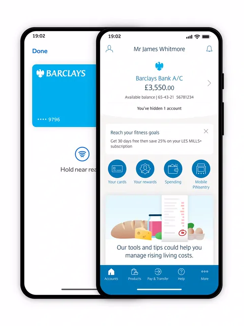 Two phones showing Barclays Mobile Banking: a card held near a reader, and an account overview with tools and tips.