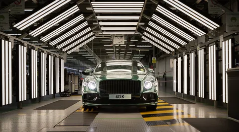 The 40,000th Bentley Flying Spur under the light tunnel at the end of the Crewe production line.