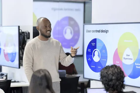 A tutor presenting a user-centred design session to a small group, with a diagram of UX disciplines on the screen beside him.