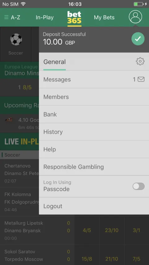 Deposit successful, with the account menu