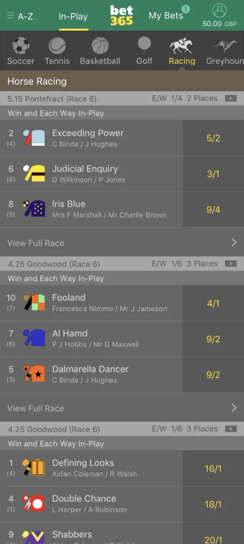 In-Play horse racing on mobile
