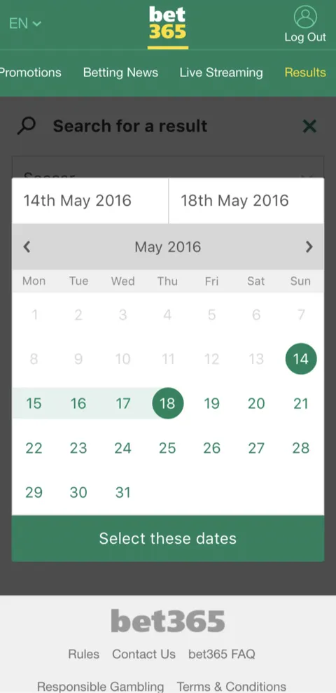Search filters: sport, date range, country and competition