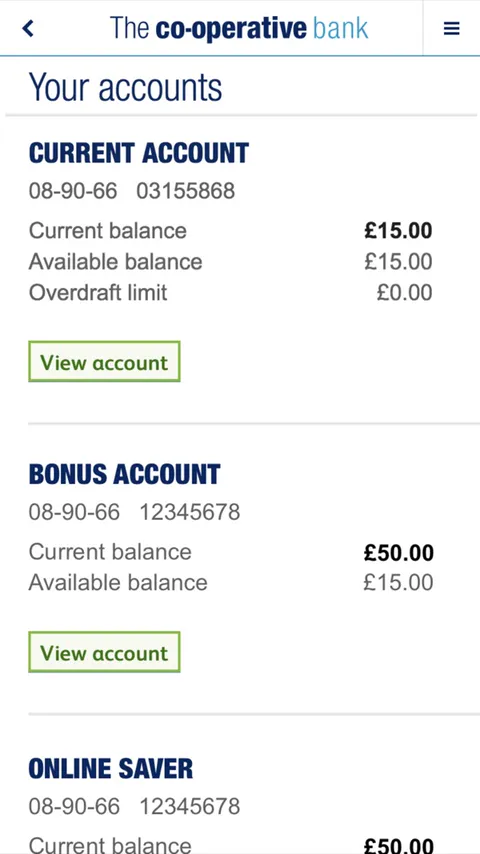 Current account screen before UX involvement