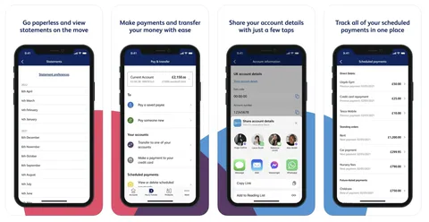Four screens from The Co-operative Bank mobile app: statements, payments, account details and scheduled payments