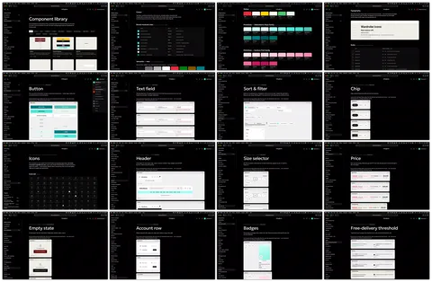 The Debenhams Group component library: product cards, buttons, forms, bag and checkout components shown across the group's brands.